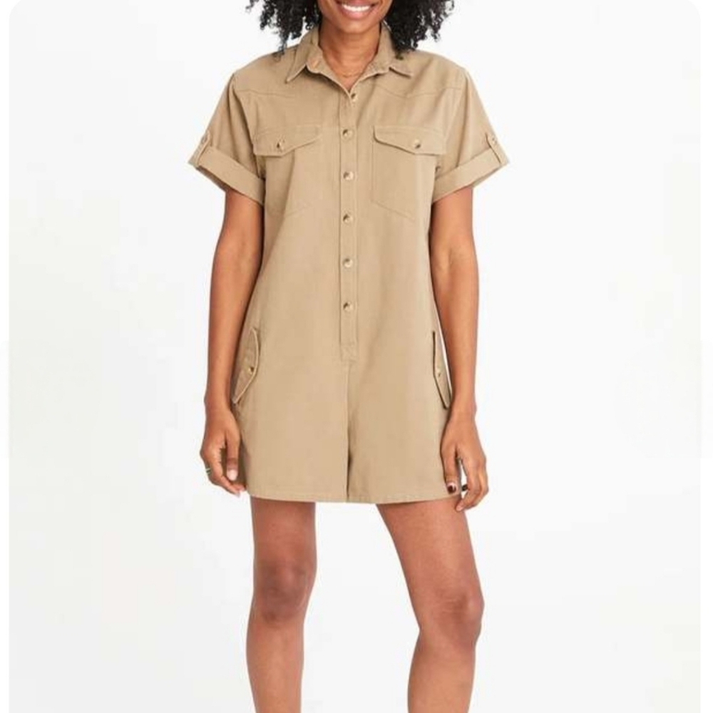 Clare V Tan Utility Safari Cotton Button Front Romper Womens Size Medium